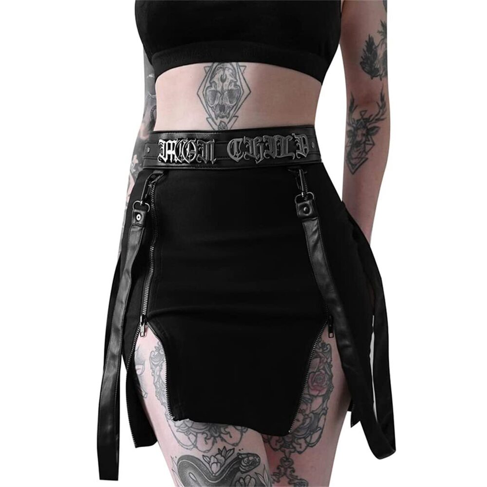 5294 Goth Bodycon Mini Skirt Punk Double Slit Black Gothic Tight Short